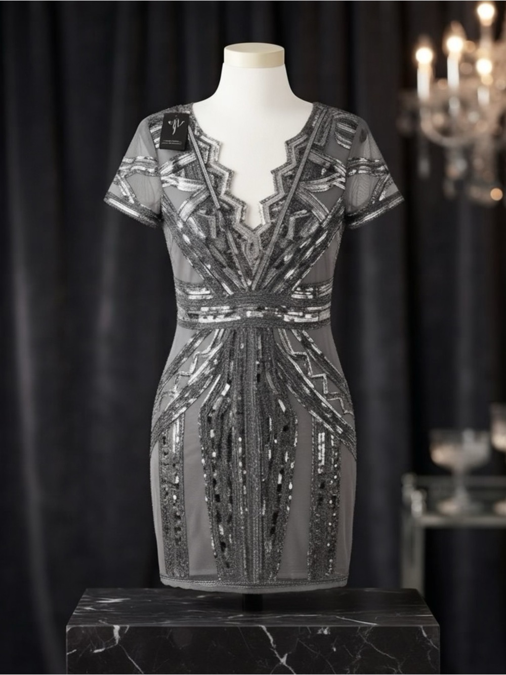 🔥VISION FOR INNOVATION 🖤 Sequined Gray Midi Cocktail Dress with Sheer Panels